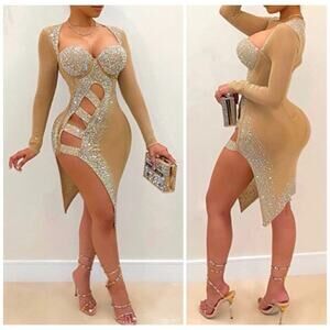 🦋B2G1🦋WESTERN FASHION Sexy Long Sleeve SHEER Rhinestone Mesh Hollow Out Dress